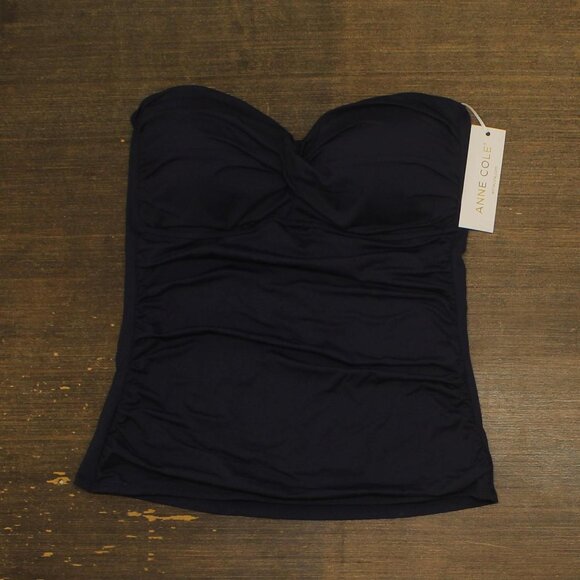 NWT Anne Cole Womens Solid Twist Front Shirred Bandeau Tankini Top Navy Blue XL - Picture 8 of 12